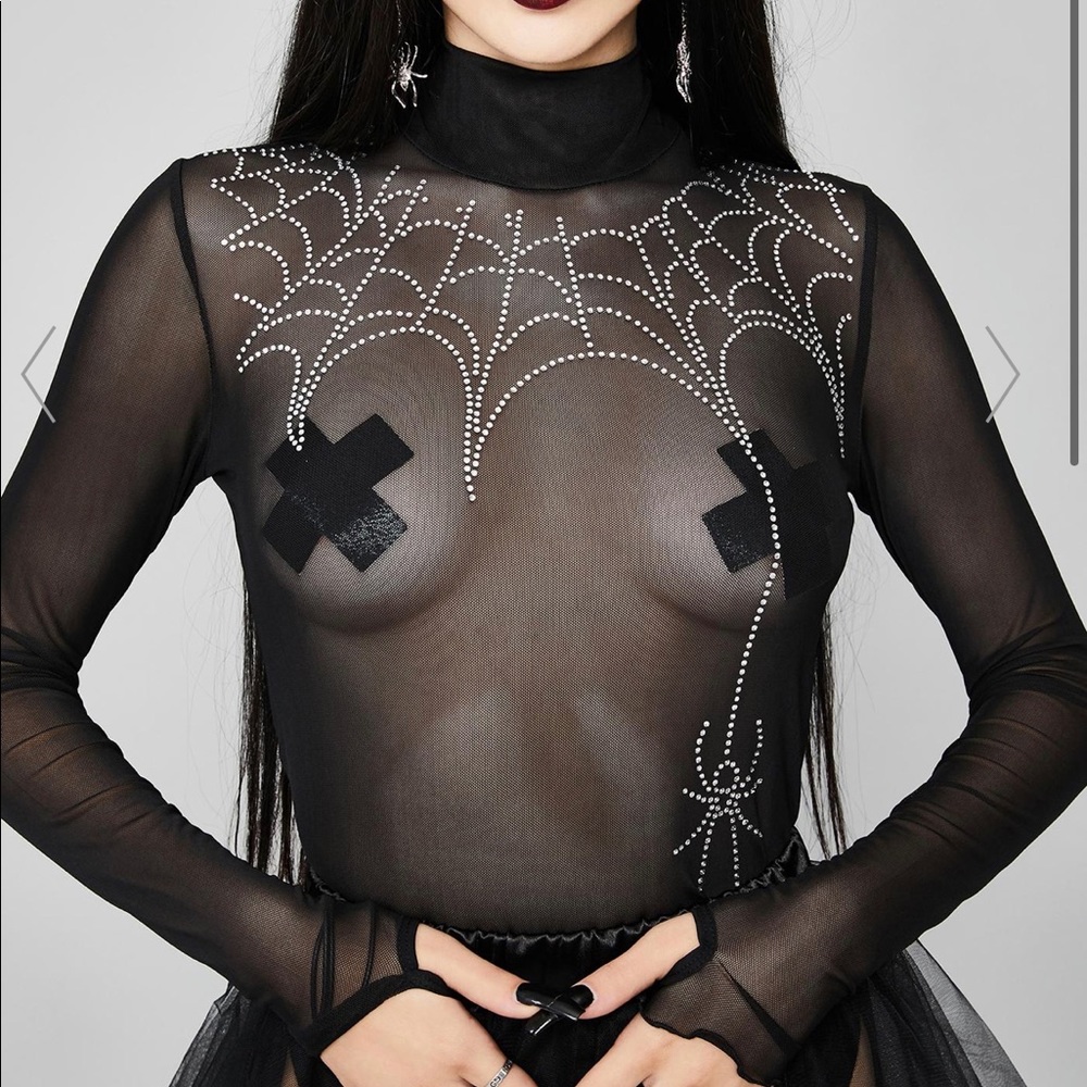 NWOT Mesh rhinestone spiderweb long sleeve tee
